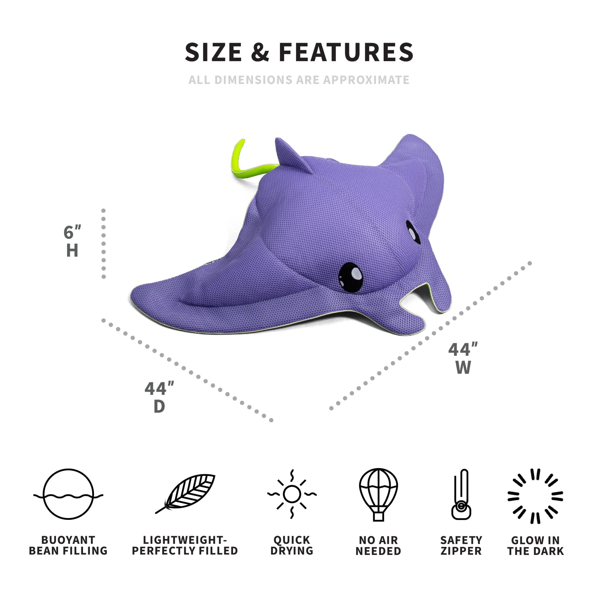 Big Joe Pool Petz Large Manta Ray Animal Pool Toy Float, Manta Ray Shape Mesh, Quick Draining Fabric, 3.5 feet