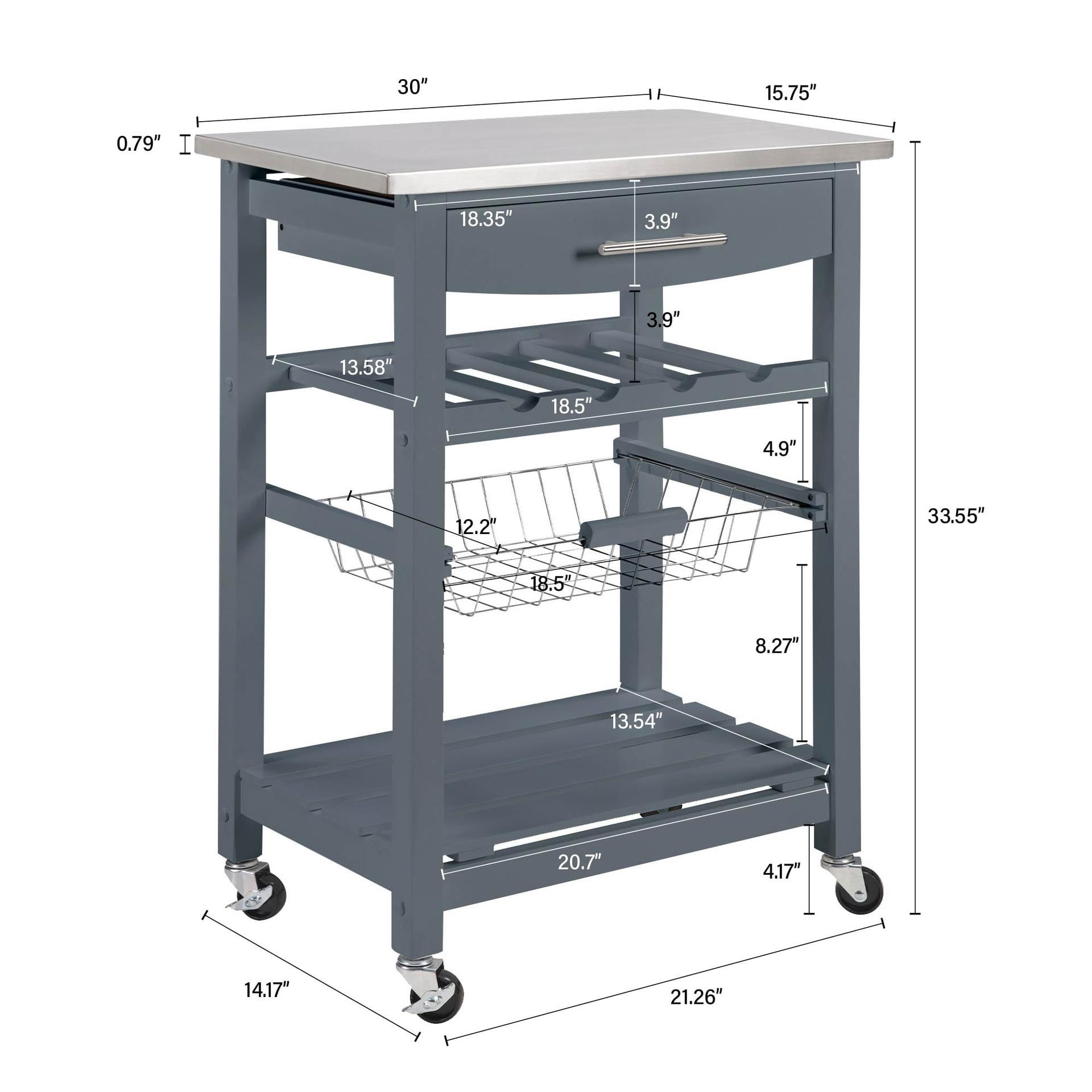 Mobile Rolling Kitchen Island Trolley Serving Cart with Underneath Drawer & Slide-Out Wire Storage Basket