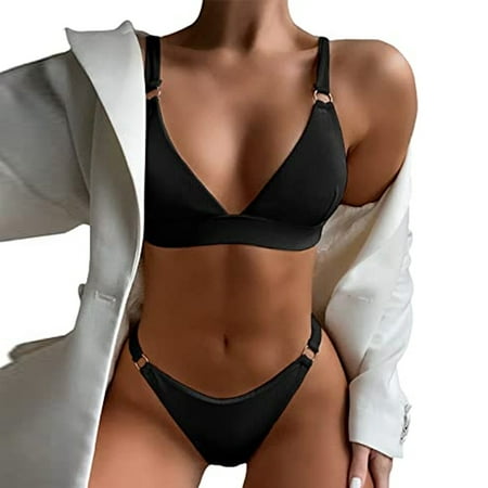 Women s O Ring Tankini Ribbed Bikini Set Swimwear Sexy Thong Swimsuits black MG177584