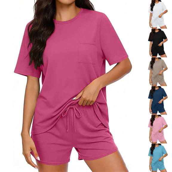 UPPADA Womens Two Piece Outfits Knitted Round Neck Short Sleeve Shirts Drawstring Waist Shorts Set Casual 2 Piece Summer Sets Black,L