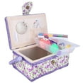 thumbnail image 2 of Tebru Craft Handmade Sewing Basket Sewing Box Organizer Thread Needle Double-layer Sewing Storage Box with Handle, Purple Flower Printed, 2 of 8