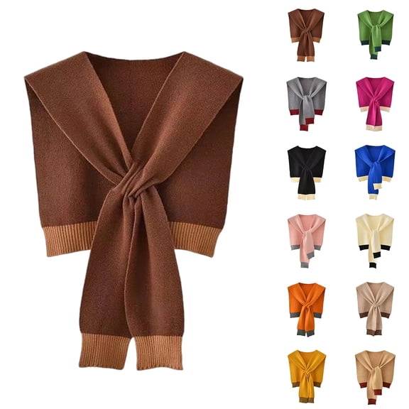 Women's Casual Sweater Shawl Wraps Knitted Collar Color Block Scarf Top Lightweight Shoulder Cape - Womens Trendy Shawl Wraps Scarf Knotted Shoulder Tops Sweater Cover Up Blouses Beige One Size
