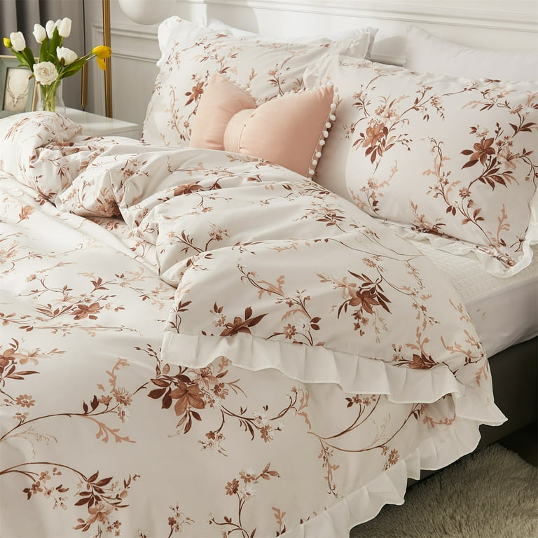 Pink Floral Ruffled Duvet Cover Set, Cotton Bedding Sets