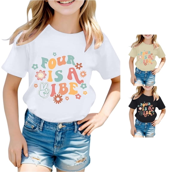 Trendfront Girls 4th Birthday Gift T Shirt Four Years Retro Letters Crewneck Short Sleeve Tee Toddler Bday Party Outing Top