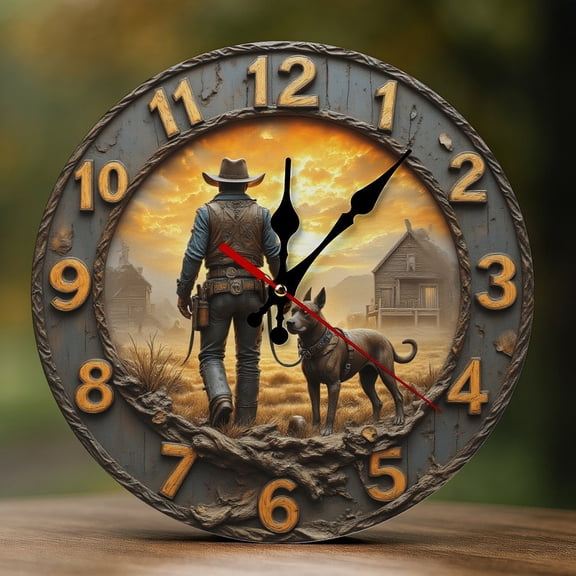 Wall Clock Decorative - Rustic Cowboy Dog Print 2D Vintage Wall Clocks Battery Operated Silent Non-Ticking for Bedroom, Living Room, Kitchen, Office, Classroom, 10 Inch