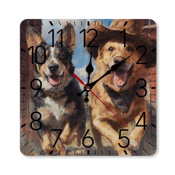 RKSupls 10×10inch Square Silent Wall Clock Wooden Frame, Cowboy Dogs Running Scale Decorative Clock for Home Bedroom Living Room Office