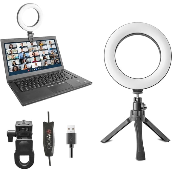 6" Ring Light Video Conference Kit, 5-Color 10-Brightness Clip- Light with Ring-Light Clamp & 5" Tripod, Desk/Zoom/, Makeup Light, Selfie Light