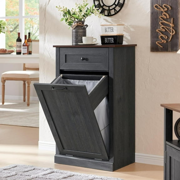 SinCiDo Kitchen Tilt Out Trash Can Cabinet, 10 Gallon Farmhouse Wooden Trash Garbage Can with Drawer
