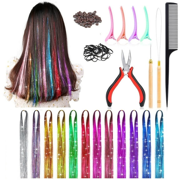 12 Colors Hair Tinsel Kit with Tool 47 inch 2800 Strands Tinsel Hair Extensions for Women Girls Fairy Hair Tinsel Glitter Sparkling Party Daily Life Fashion