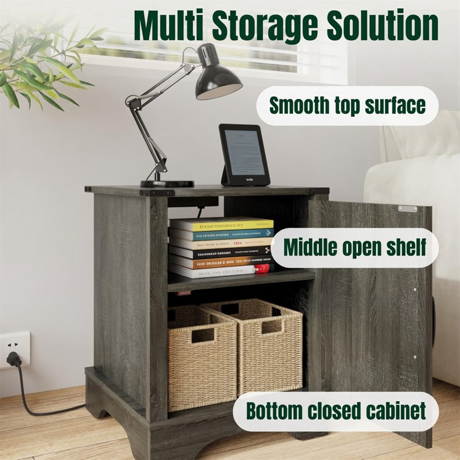 Hommoo 16"W Farmhouse Nightstand Sofa Side Table with Charging Station & Shelf Storage, Dark Gray