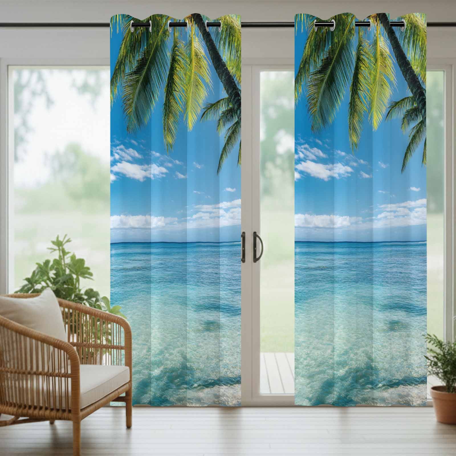 Summer Beach Landscape Outdoor Curtains for Patio, Coastal Ocean Palm Tree Blue Cloud Sky Wave Waterproof Outside Curtains Privacy Blackout Curtain for Porch Pergola Cabana, 2 Panel 54W x 84L Inch