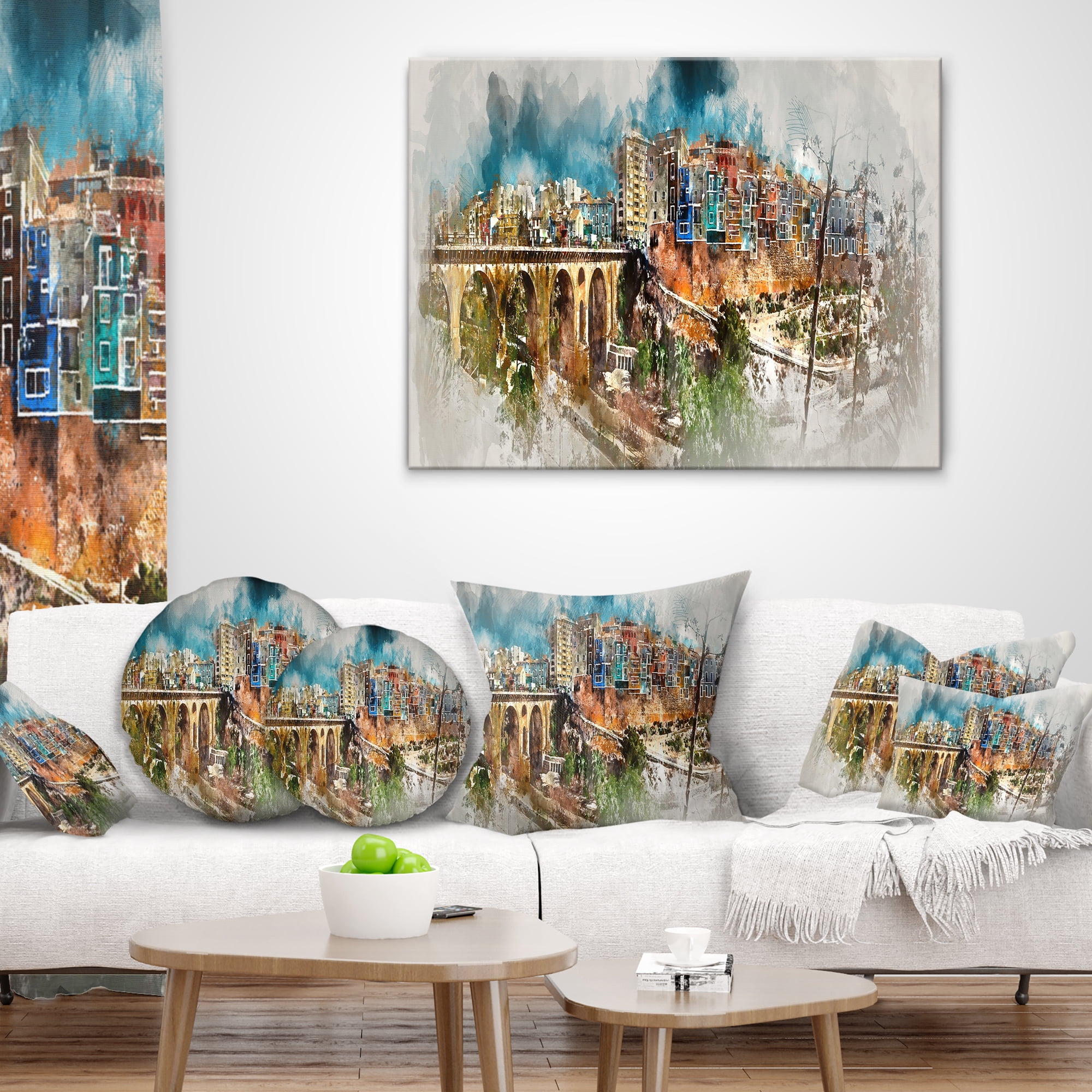 Designart Villajoyosa Town Digital Art Panorama - Cityscape Throw Pillow - 12x20
