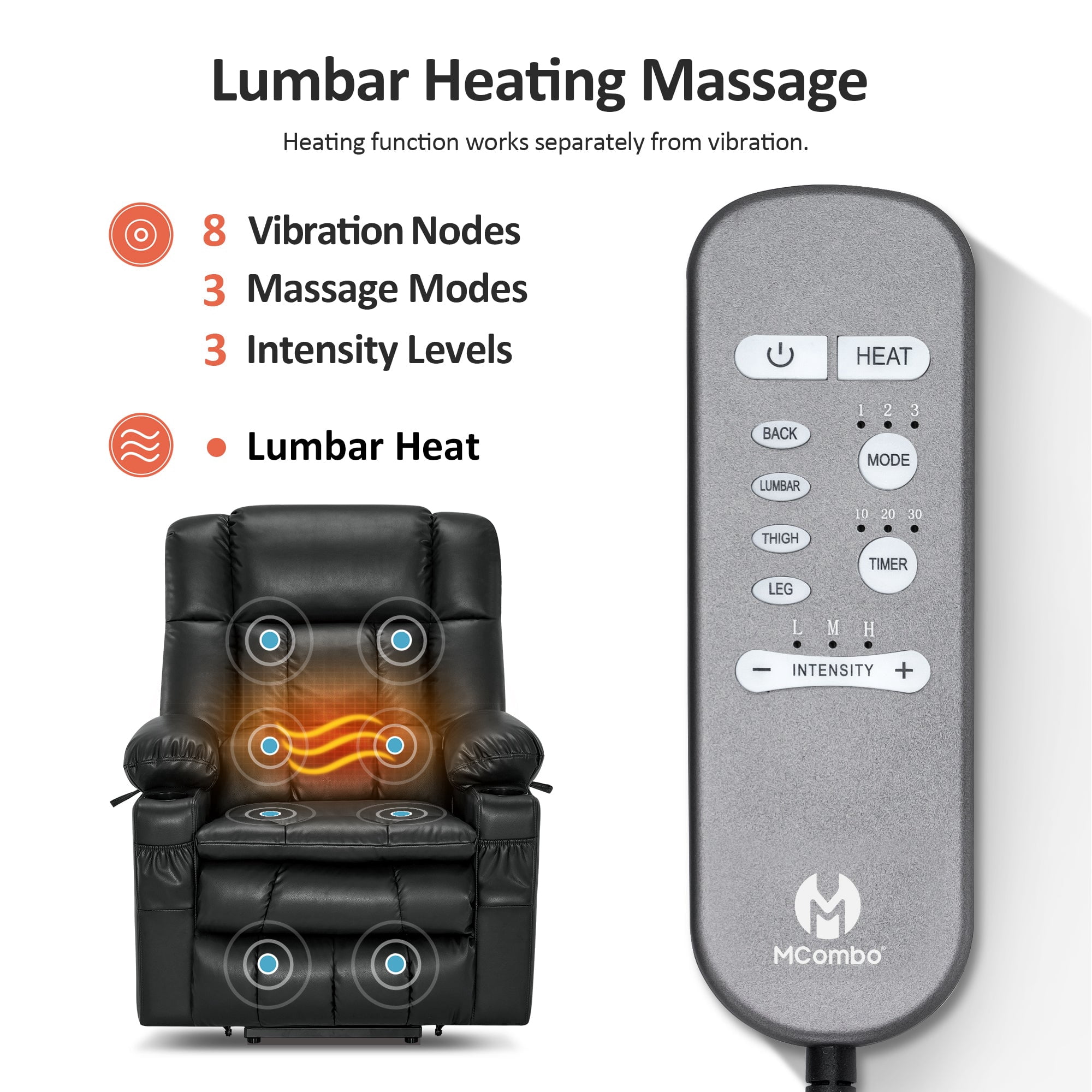 MCombo Dual Motor Power Lift Chair for Elderly, Sleep Lift Recliner, Faux Leather, Black