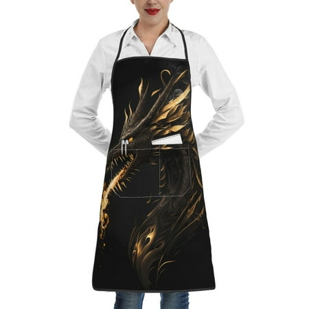 

Matuu Black And Gold Fire Dragon for Adjustable Cooking Aprons for Women with Pockets Kitchen Aprons for Men Water and Oil Resistant