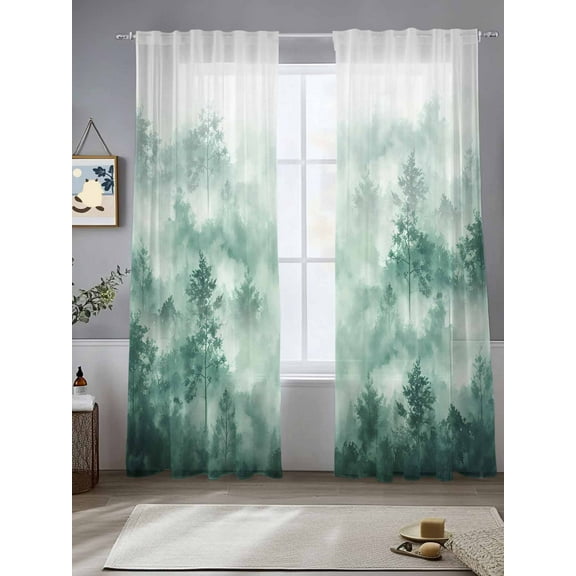 Green Forest Rustic Sheer Curtains for Living Room Bedroom Vintage Tree Scenery Watercolor Sheer Curtains 84 Inch Long 2 Panels Set Light Filtering Curtain Window Treatments Drapes for Dining Room