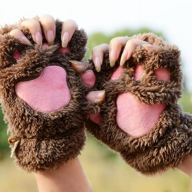 Guantes de garra de gato Guantes de invierno con dibujos de gatos para niñas Guantes de medio dedo con forma de pata de oso esponjosos y gruesos