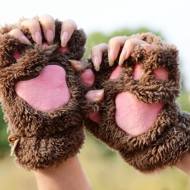 Guantes de garra de gato Guantes de invierno con dibujos de gatos para niñas Guantes de medio dedo con forma de pata de oso esponjosos y gruesos