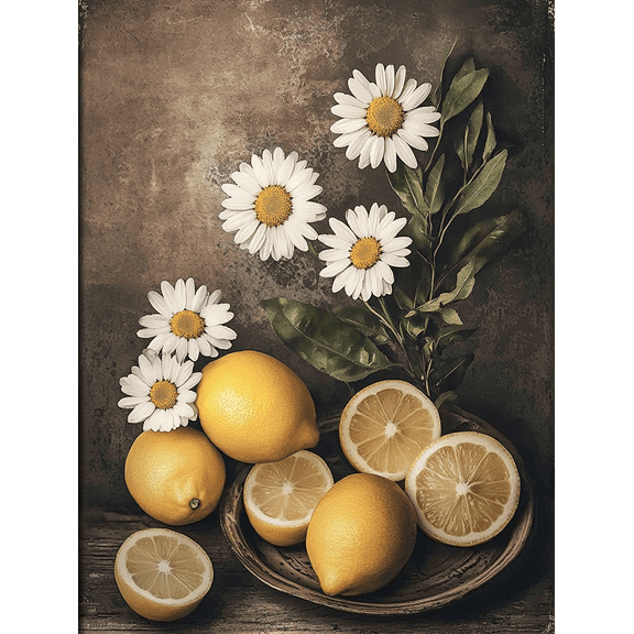 Lemon and Daisy Still Life Decorative Painting/Canvas Art, Suitable for Kitchen, Dining Room, Living Room, Bedroom, Office, Restaurant and Coffee Shop Decoration.