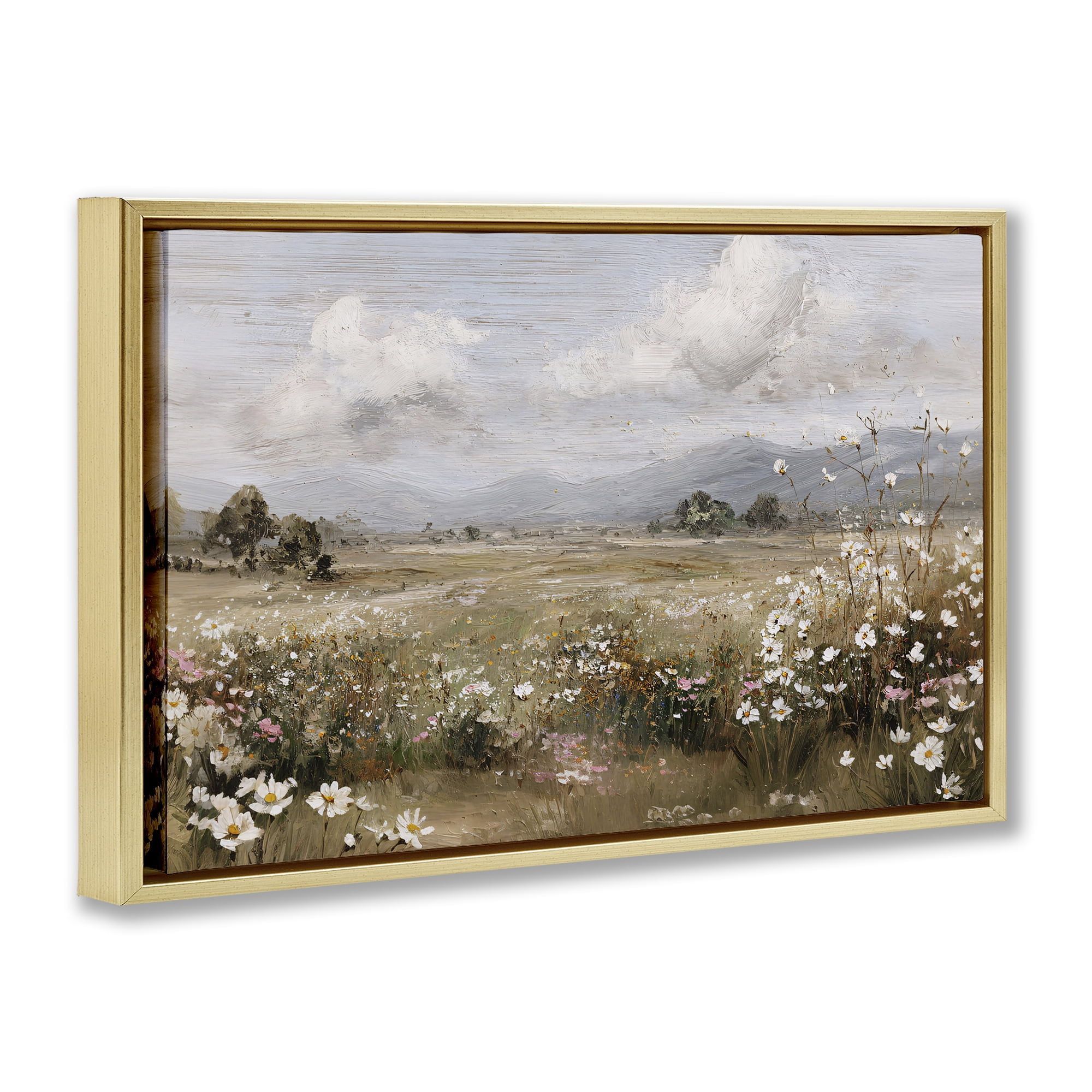 Stupell Industries Daisy Clusters in Field Gold Framed Floater Canvas Wall Art, design by Jacky Ngan