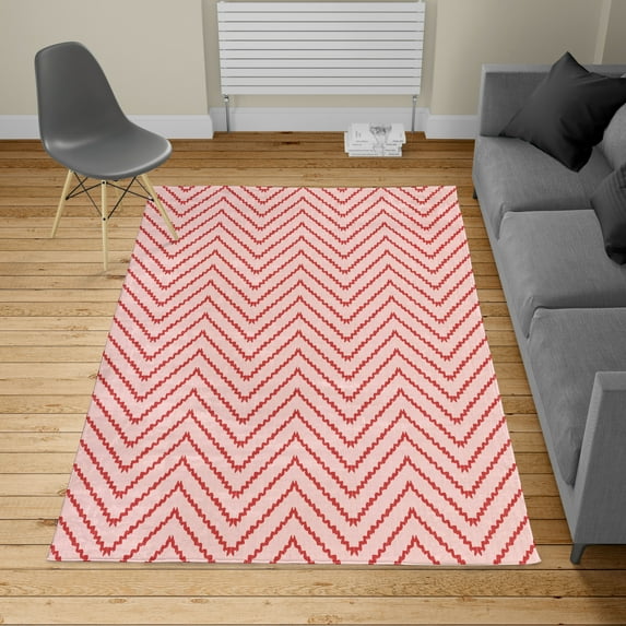 Modern Turkish Area Rug, Geometric Triangle Shapes Zig Zag Triggering Lines Minimalist Pattern Print, Soft Carpet for Living Room Decor with Distressed Look, 5.2' X 7.6', Blush Ruby, by Ambesonne