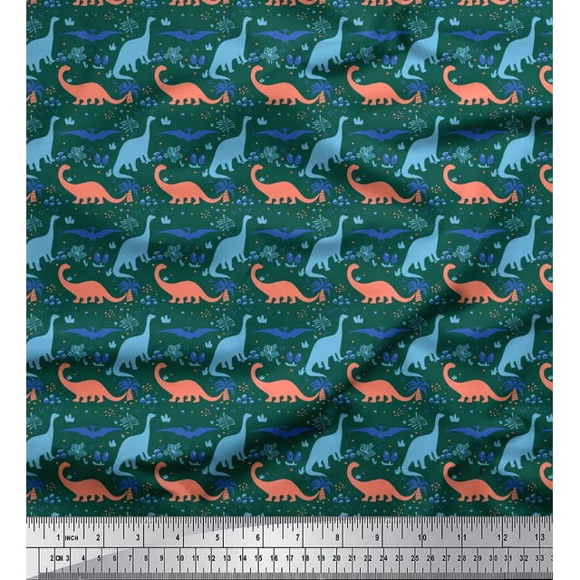 Soimoi Silk Fabric Tree & Dinosaur Animal Printed Fabric 1 Yard 42 Inch Wide