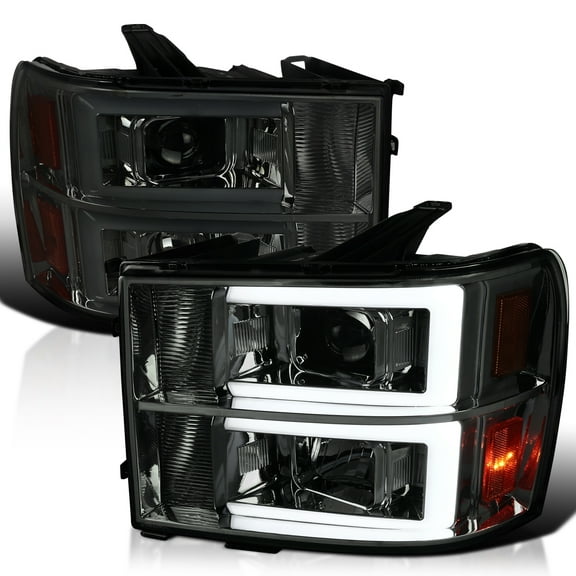 Spec-D Tuning Smoke Projector Headlights w/ LED Light Bar Compatible with 2007-2013 GMC Sierra 1500, 1500HD, 2500HD, 3500HD, Left   Right Pair Headlamps Assembly