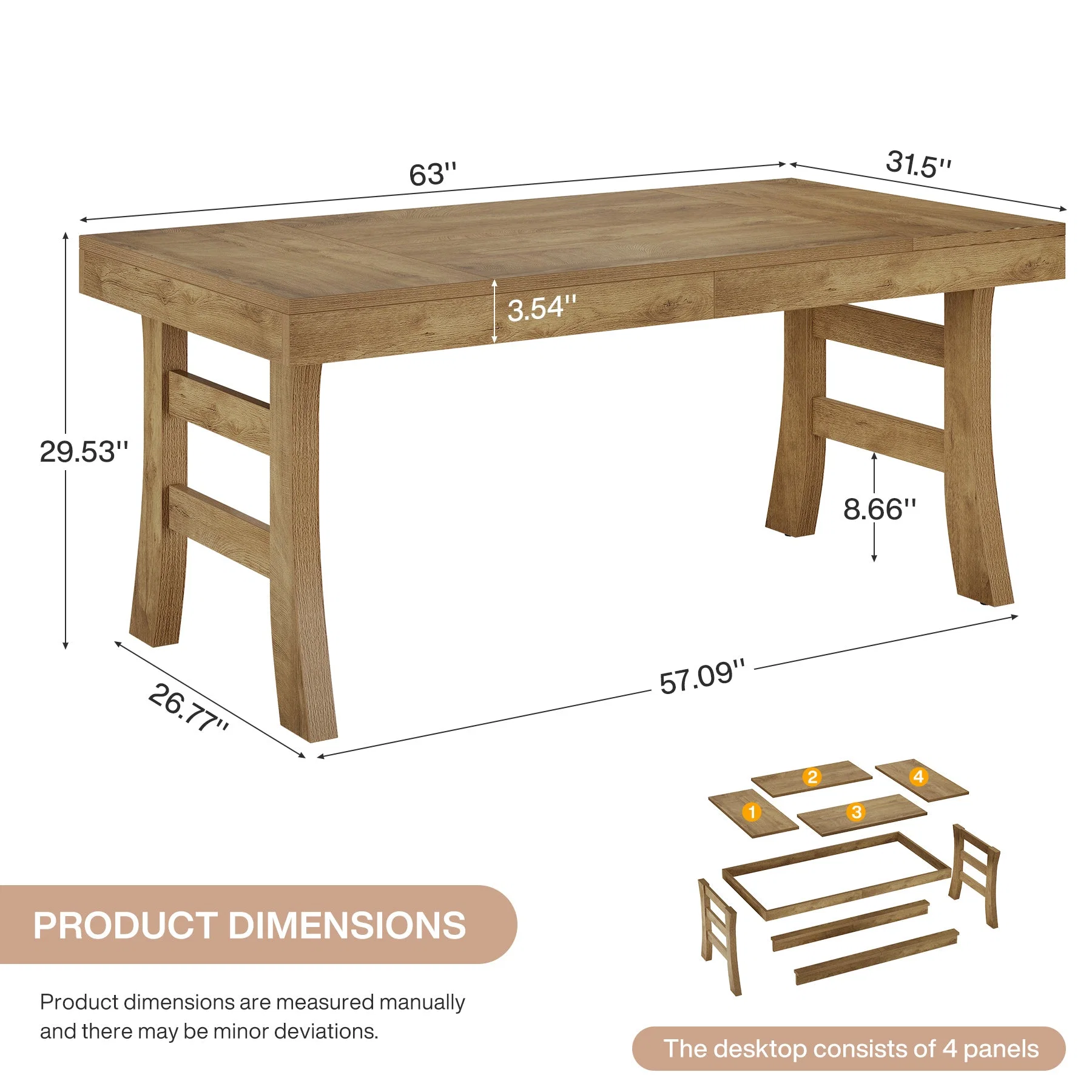 Hommoo 63 Inch Farmhouse Dining Table for 4-6 People, Rustic Wood Grain Rectangular Kitchen Table with Modern Leg Design, MDF Construction, Natural