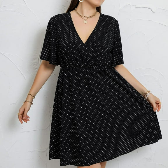 Aayomet Princess Dresses For Girls Women's Large Size Polka Dot Chiffon V Neck Short Sleeve Casual Summer Dress,Black XL