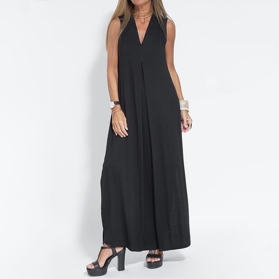 QUINDOS Womens Dresses 2025 Sleeveless V-neck Casual Sundress Sun Dresses Summer Flowy Solid Color Floor Length Maxi Womens Dresses