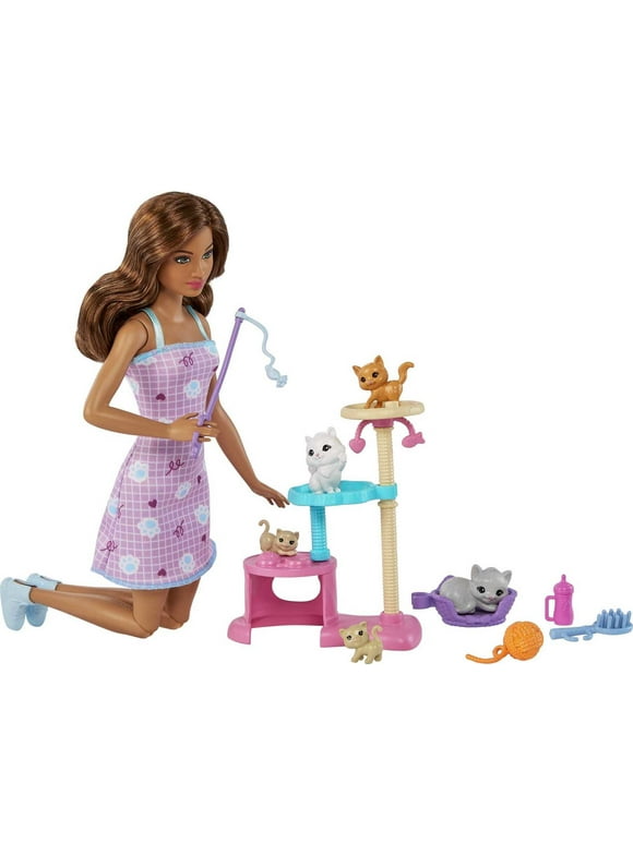Barbie Kitty Condo Playset with Brunette Fashion Doll, 4 Kittens, Cat Tree & Accessories