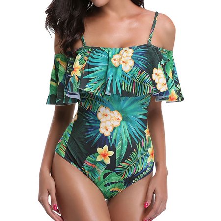 Piece Womens Swimwear - Women One Piece Frill Off Shoulder Floral Print Swimwear