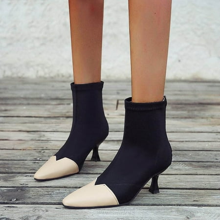 

FZM Women shoes Fashion Stitching Elastic Boots Retro Small Square Toe Back Zipper Ankle Boots
