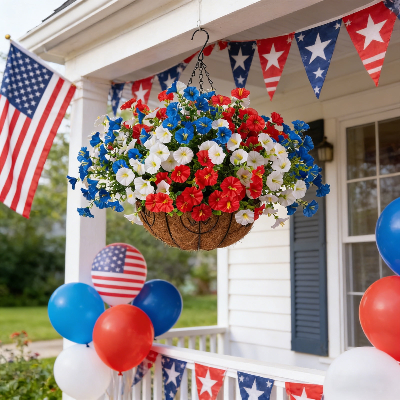 UV Resistant Artificial Flowers, Patriotic Red White Blue Faux Flowers, Outdoor Hanging Basket Decor for Porch Patio, Summer Decoration