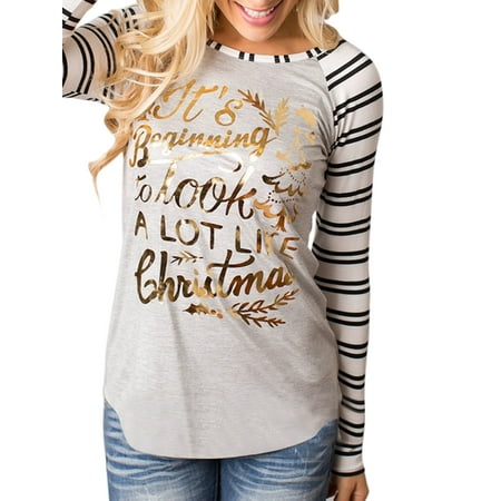 Stripe Printed Top (Women Loose Tops Christmas Long Sleeve Pullover Casual Blouse Shirt Xmas T-shirt Striped Letter Print Crew Neck)