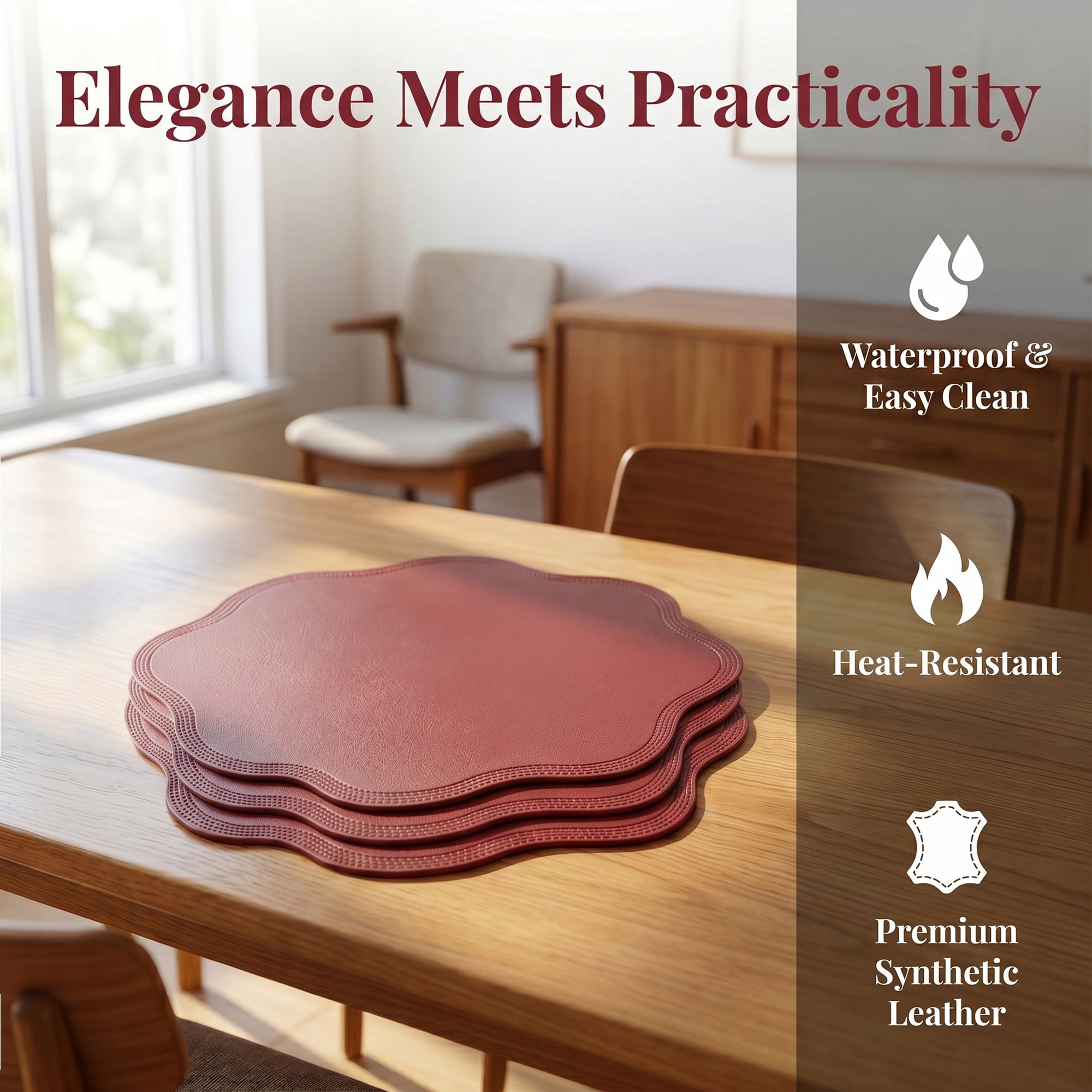 Unique Bargains Set of 6 Faux Leather Placemats for Kitchen Table Decor Red 15"x15"