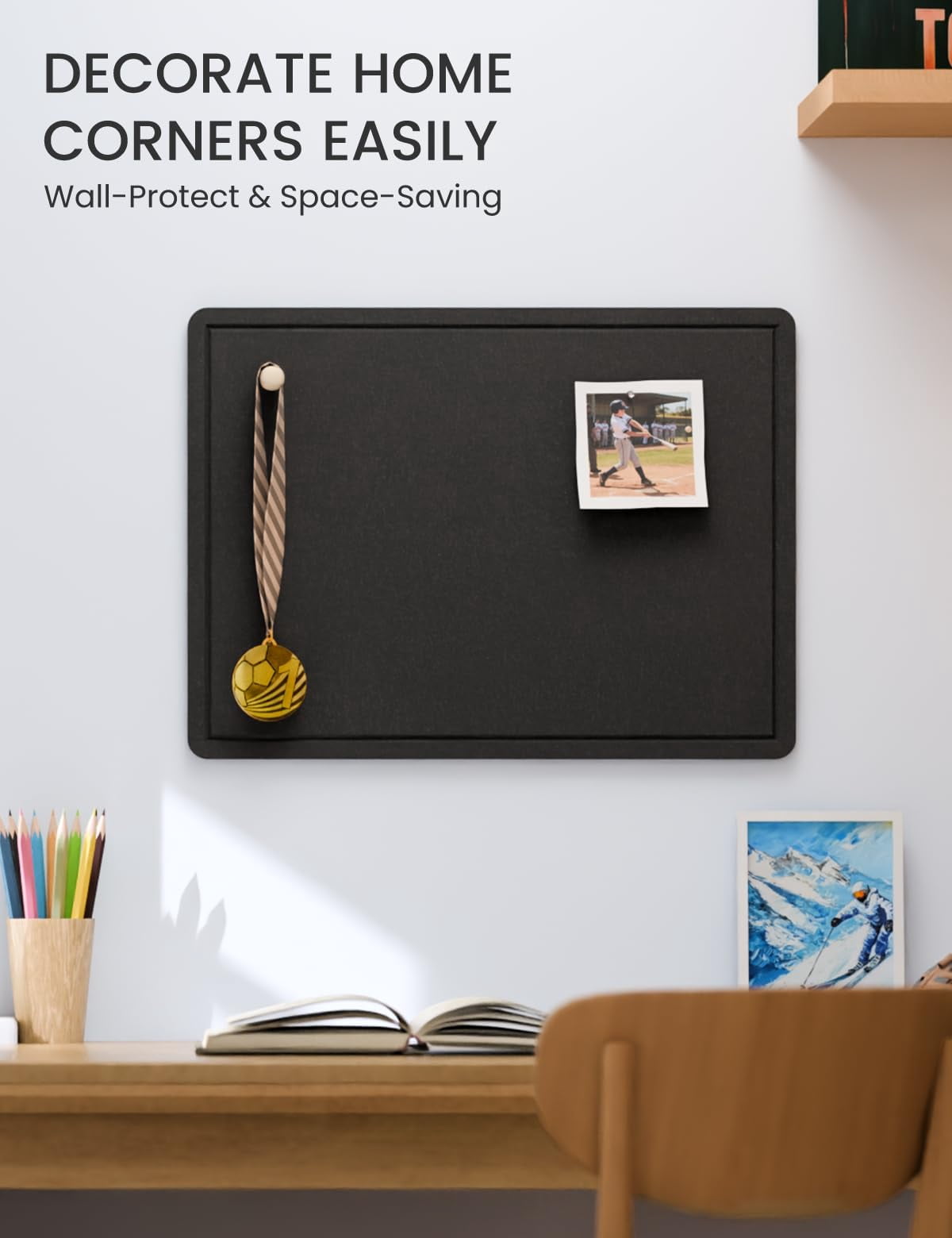 Bulletin Board  23.6" X 17.5" Cork Alternative With 12 Safe Removable Adhesive Tabs Foldable Felt Pin For Home Office Classroom Bedroom Entryway Walls-black