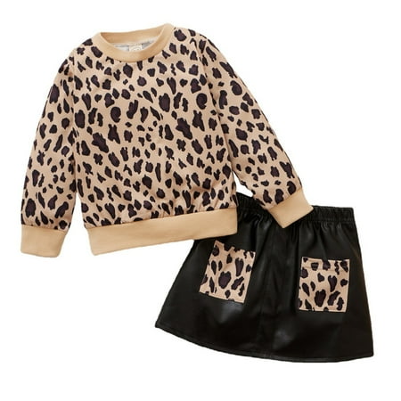 

Fashion Girls Outfit Sets Toddler Girls Winter Long Sleeve Leopard Print Top Hoodie Sweatshirt Leather Skirt 2Pcs Outfits Clothes Set