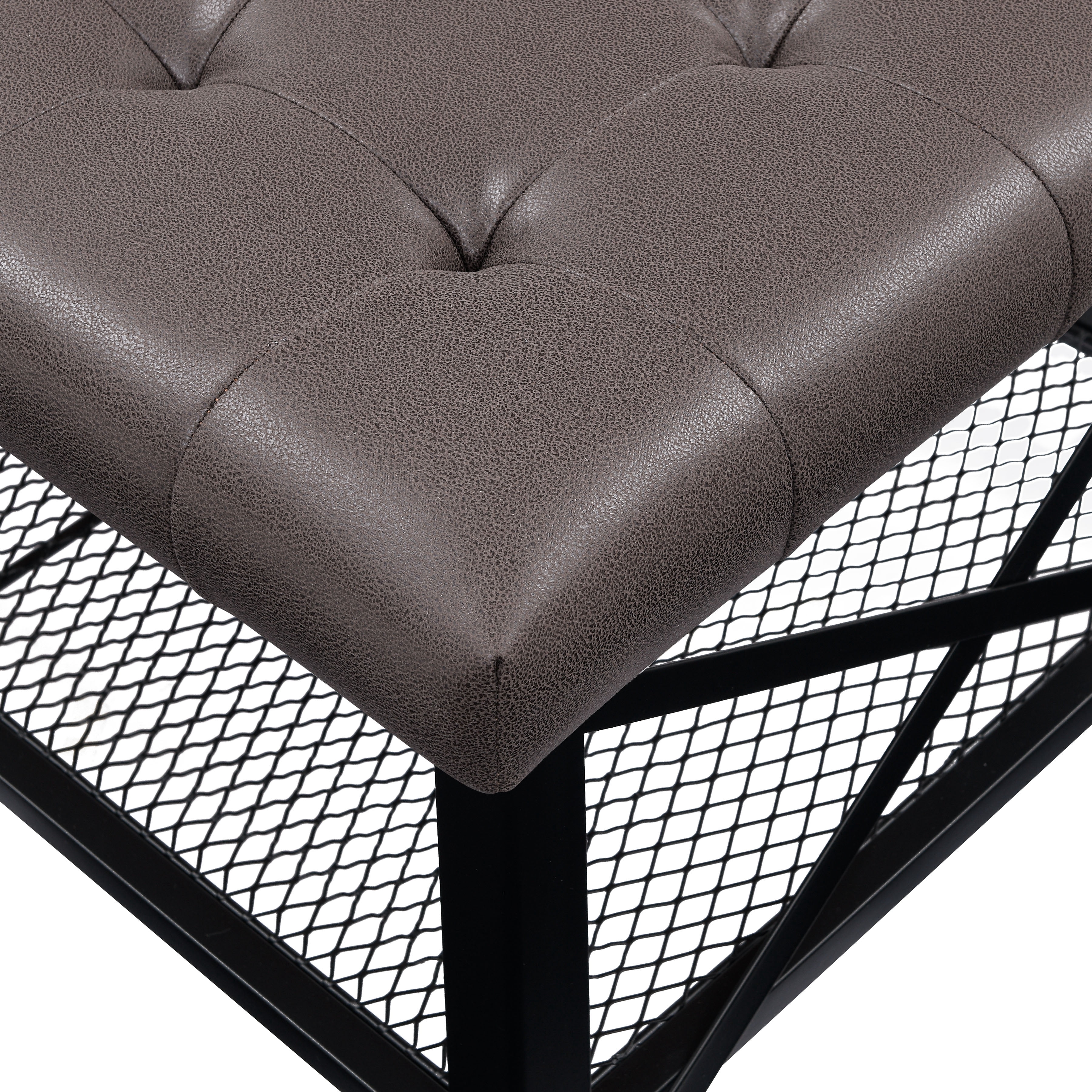 MOONMISS 48" Tufted Faux Leather Coffee Table Bench with Storage Shelf, Upholstered Ottoman Bench with Metal Frame for Living Room, Entryway, Bedroom, Apartment, Small Space (Dark Brown)