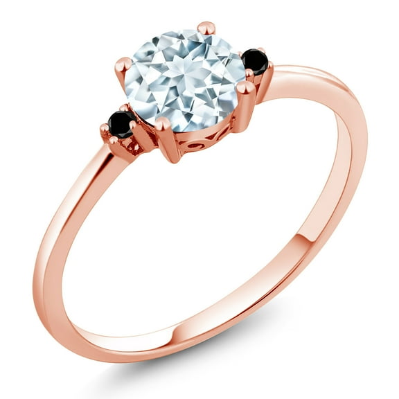 Gem Stone King 10K Rose Gold Sky Blue Aquamarine and Black Diamond Solitaire Engagement Ring for Women (0.78 Cttw, Round 6MM, Gemstone March Birthstone, Size 8)