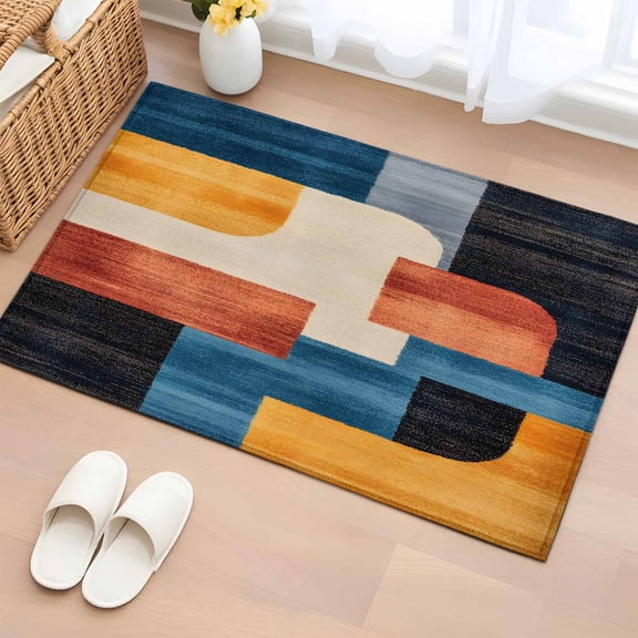 Color Block Retro Bathroom Rug Washable 2x3 Entryway Rug Non Slip Abstract Art Modern Front Door Mat Low Pile Indoor Doormat Throw Floor Carpet for Kitchen Bedroom Entrance