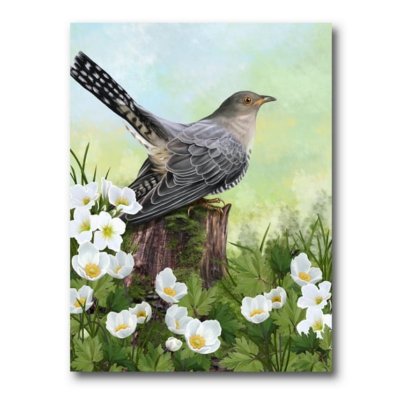 Designart ' Cuckoo Bird On An Old Stump and White Flowers ' Traditional Canvas Wall Art Print