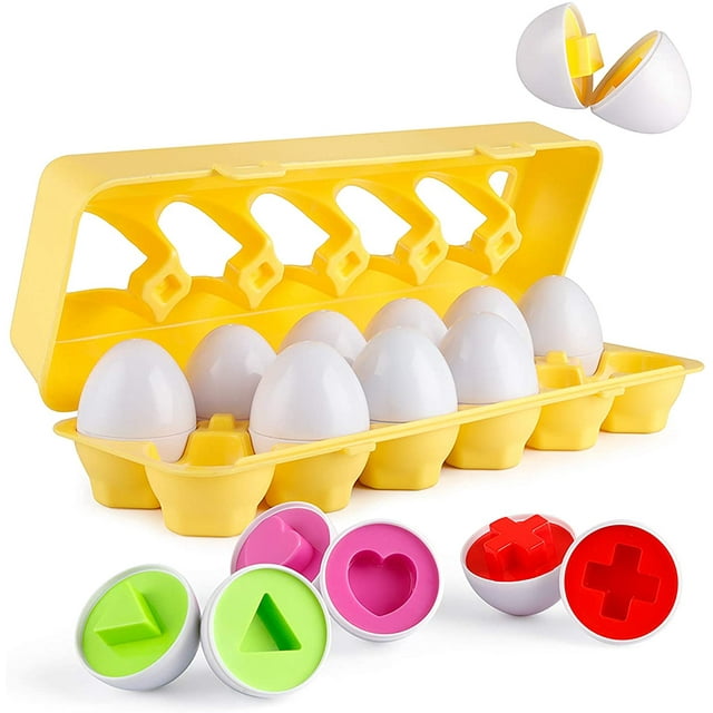Matching Eggs 12 pcs Set Color & Shape Recoginition Sorter Puzzle for Easter Travel Bingo Game Early Learning Educational Fine Motor Skill Montessori Gift for Year Old Kids
