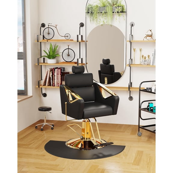 Baasha Ergonomic Reclining Salon Chair with Adjustable Backrest & Lumbar Support, Heavy Duty Barber Chair with Durable Steel Frame, Elegant Stylist Chair with Removable Headrest - Gold and Black