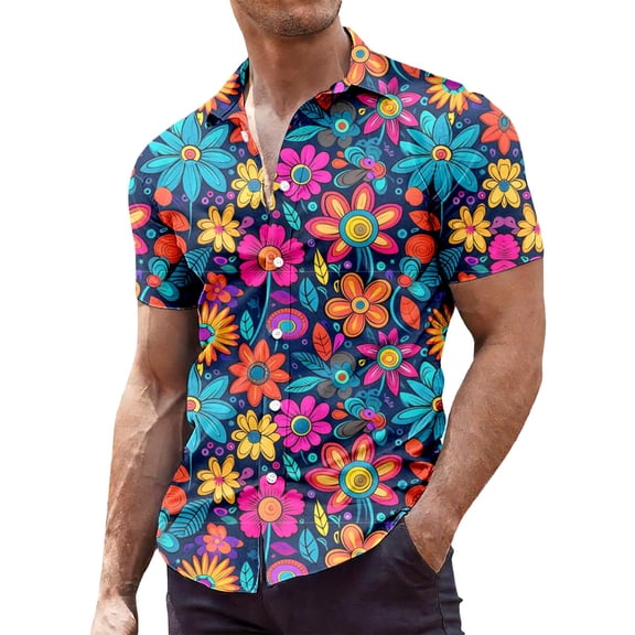 CONZONE Mens 70S Disco Buttons Down Shirts Long Sleeve Shirts for Men Trendy Floral Graphic Lapel Soft Lightweight Tops