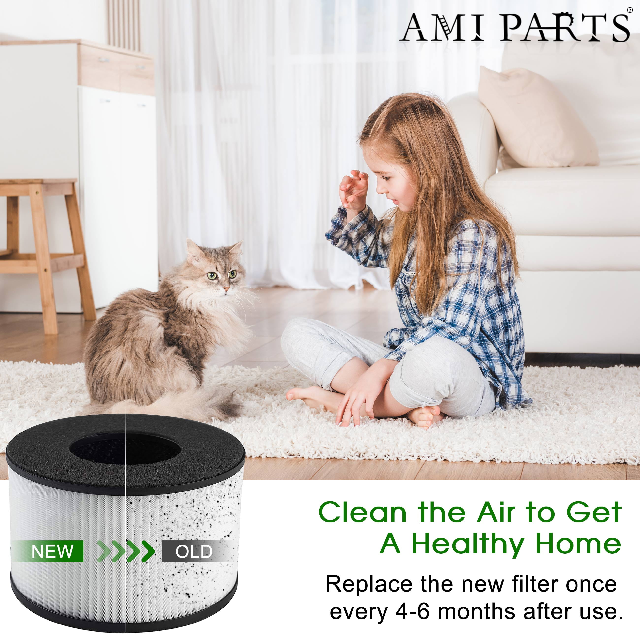AMI PARTS BS-03 H13 True HEPA Replacement Filter for PARTU BS03 HEPA Air Purifier, 3-in-1 Filtration System