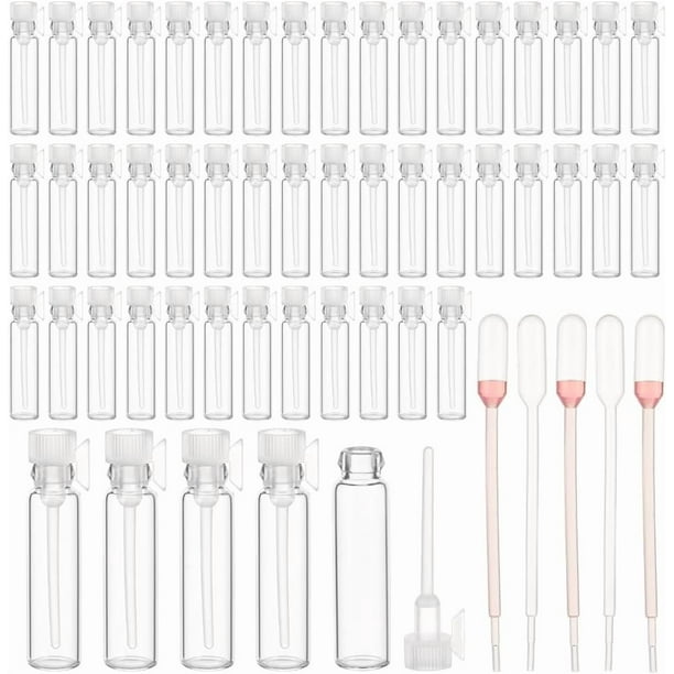 150 mini frascos de perfume de vidrio vacíos de 1 ml para aceites esenciales, rellenables con tapa de plástico blanca y muestra de perfume.