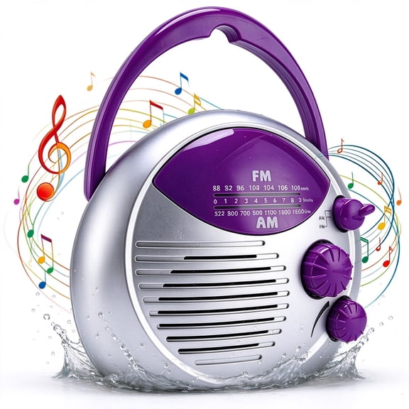 Portable AM/FM Radio, Waterproof Shower Radio IPX4, 20 Station Presets, Foldable Hanging Handle, Clear Reception, Easy Tuning, Battery Powered for Bathroom, Kitchen and Outdoor Use