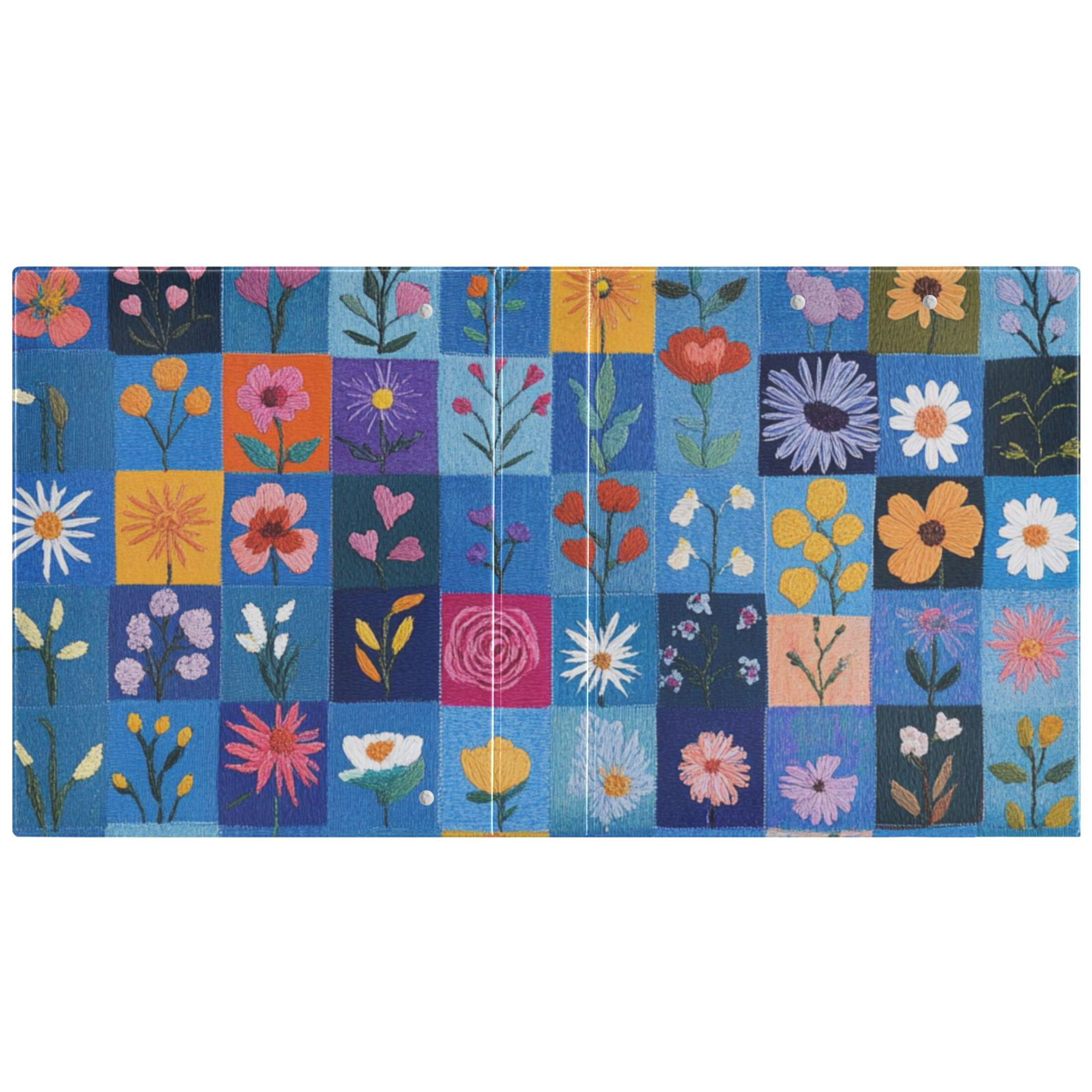 Flowers in Blue Grids 3 Ring Binders 1.5 inch Hardcover File Folders with Interior Pockets A4 Size Organizer for School Office Hospital