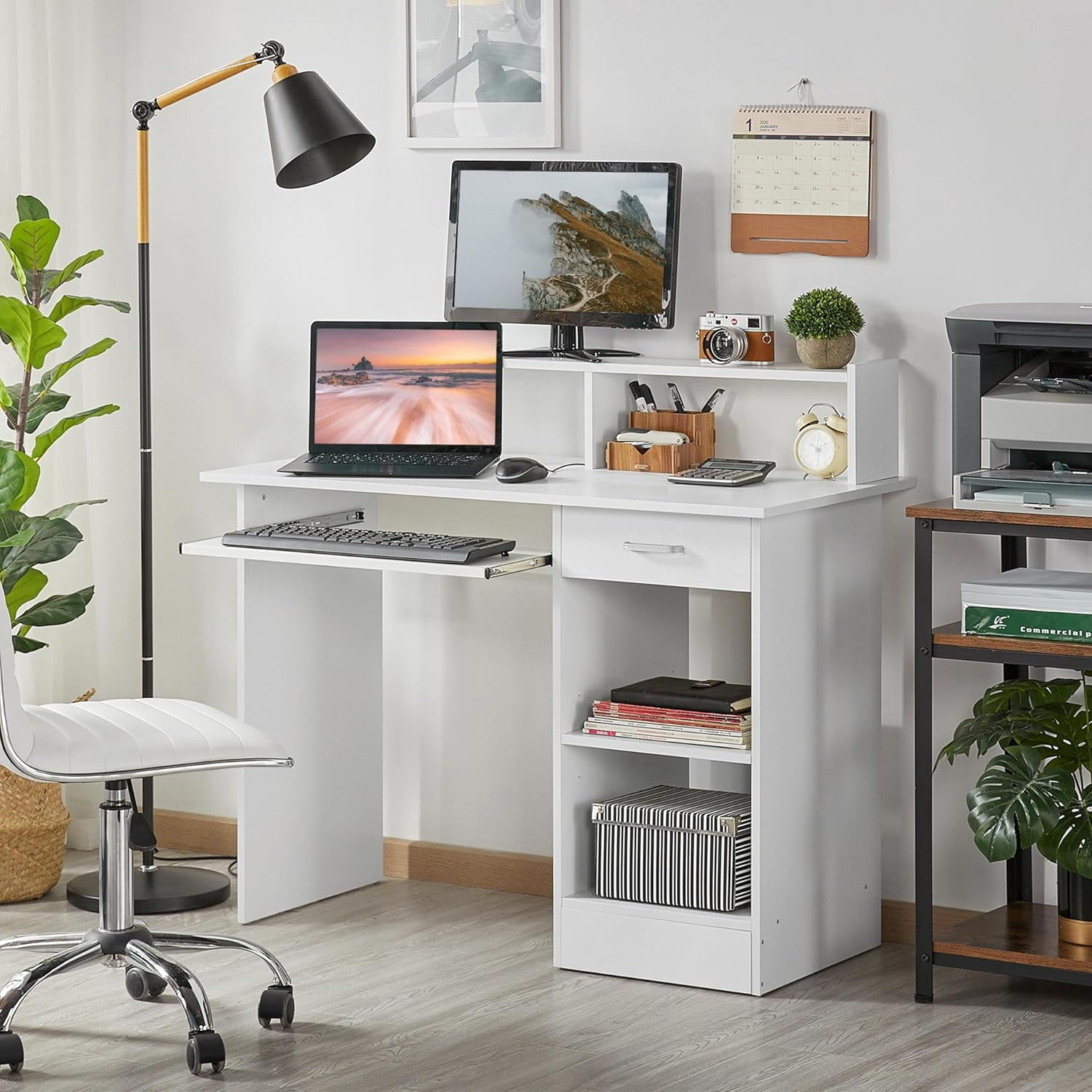 NEWto Home Office Wood Computer Desk with Keyboard Tray and Drawers, Students Writing Table with Storage Drawers & Hutch, Modern PC Laptop Desk, Multifunctional Workstation, White