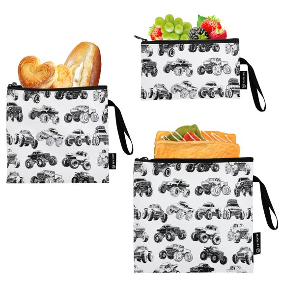 Ryvnso 3 Pack Reusable Snack Bags Sandwich Storage Pouches Washable Lunch Bag Monster Trucks